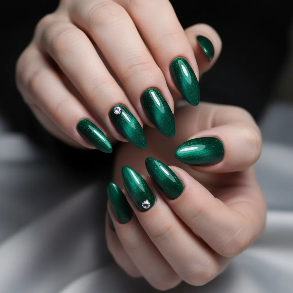 Närbild på nagelförlängning med cat eye effekt och diamanter på ringfingrar.