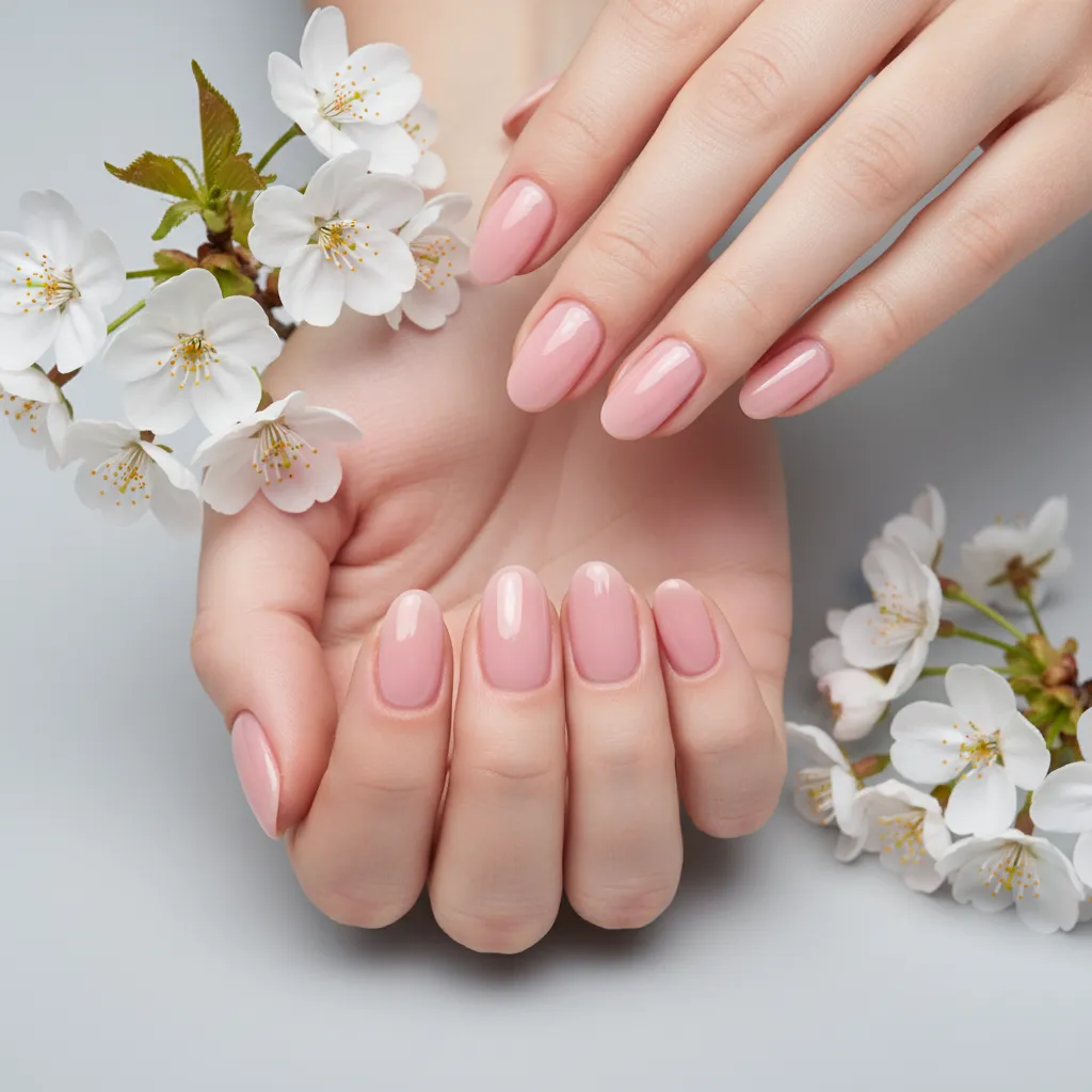 Korta naturliga ljus rosa naglar hos GH Nails.